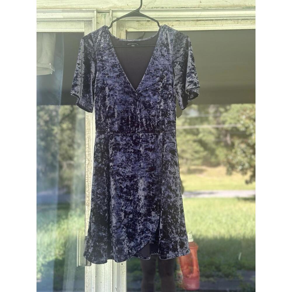 American Eagle Outfitters Crushed Velvet Dress Women's Size Small Blue Faux Wrap